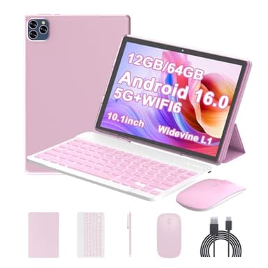 ICONLINK Android 16 Tablet 10 Inch, 12(3+9) GB RAM+64GB ROM, 2 in 1 Tablets with Keyboard Case Mouse Stylus, 2.0GHz Five-core Processor, 1280 * 800 IPS HD Screen, 5G WiFi6 BT 5.3 Tableta PC(Pink)