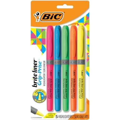 BIC Brite Liner Grip Highlighter, Chisel Tip, Assorted Colors, 5-Count
