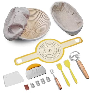 Sourdough Bread Baking Set, 10 Inch Oval & 9 Inch Round Banneton Bread Proofing Baskets with Linen Liner, Silicone Bread Sling, Danish Dough Whisk, Dough Scraper Kit, Silicone Brush & Spatula