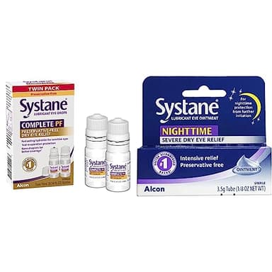 Systane COMPLETE PF Multi-Dose Preservative Free Dry Eye Drops 20ml(Pack of 2 – 10mL bottles) (Packaging may vary) and Systane Nighttime Lubricant Eye Ointment 3.5g Tube Bundle