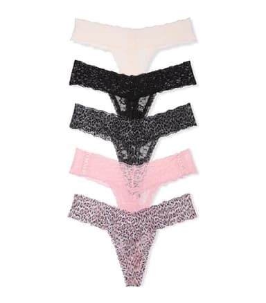 Victoria's Secret Women's Lace Thong Underwear, Panties for Women, Pack of 5, Solids & Leopard Print, M