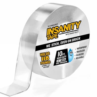 Insanity Heavy Duty Double Sided Mounting Tape Reusable Traceless Nano Gel Adhesive - Hang Pictures, Posters, Doorbell Cameras - Weatherproof - Hold Carpets, Mats & Rugs - Safe for Hardwood Floors