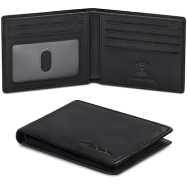 Travelambo Wallet for Men Real Leather Mens Bifold Wallet RFID Blocking - Thin & Stylish with ID Window in Gift Box (Crazy Horse, Black)