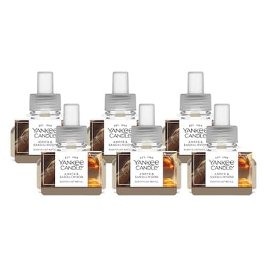 Yankee Candle ScentPlug Refill for Plug in Air Fresheners, Scented Oil Refills, Long Lasting Home Fragrance, Amber & Sandalwood (Pack of 6)