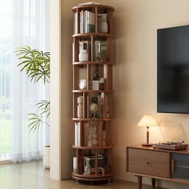 Muwuele 6 Tier Rotating Bookshelf Tower, Solid Wood Bookshelf on Wheels, Circular Book Shelf Rotating, Revolving Bookcase for Small Spaces, Corner Book Case, Spinning Book Shelf for Bedroom, Walnut