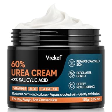 VREKEF Urea Cream 60% with 2% Salicylic Acid, Urea Cream 60 Percent for Feet Maximum Strength, Foot Cream & Callus Remover for Dry Cracked Heels, Rough Thick Skin, Deep Hydration, 5.29 oz