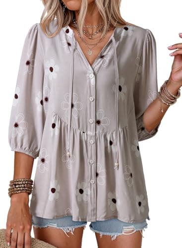 Dokotoo Spring Tops for Women V Neck Button Down Short Sleeve Tee Shirts Summer Boho Floral Women Blouses Casual Cozy Soft Babydoll Peplum Vacation Hawaiian Western Outfits Clothes 2026 Grey X-Large