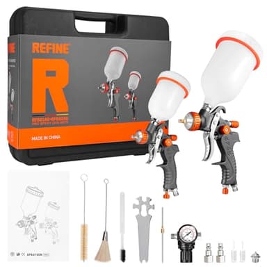 REFINE HVLP Air Gravity Spray Gun Sets, 2-Spray Paint Gun, 1.0mm 100ml & 1.4/1.7mm 600ml Auto Paint Sprayer Gun with Air Regulator for Car Paint, Primer, Topcoat & Touch-Up, Furniture, House Painting.
