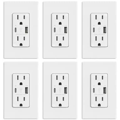 ELEGRP USB Outlets, 15 Amp Wall Outlet with USB Ports, 21W USB Outlets Receptacles with Type A & Type C Ports, Tamper Resistant Receptacle, Wall Plate Included, Ul Listed (6 Pack, Matte White)