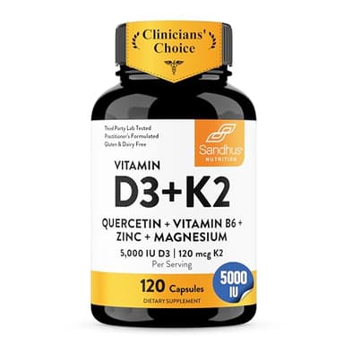 Sandhu's Vitamin D3 K2 Magnesium 5000 IU, 120mcg K2 Capsules 120 Count (Pack of 1) | with VIT B6, Zinc & Quercetin | D3K2 Supports Superior Absorption, Energy, Immune, Muscle Health for Men & Women