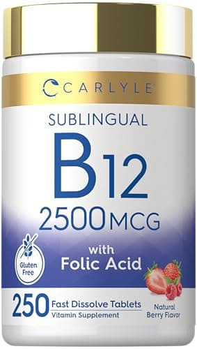 Carlyle Vitamin B12 Sublingual 2500 mcg | 250 Fast Dissolve Tablets | Cyanocobalamin Supplement with Folic Acid for Adults | Natural Berry Flavor | Vegetarian, Non-GMO, and Gluten Free