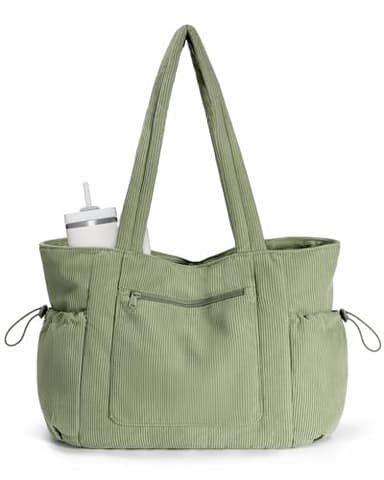ECOHUB Large Corduroy Tote Bag with Stanley Cup Holder, Travel Tote Bags for Women with Luggage Sleeve, Shoulder Tote Bag with Laptop Compartment for Work Weekend Casual Green