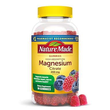 Nature Made High Absorption Magnesium Citrate 200 mg per serving, Magnesium Supplement for Muscle, Nerve, Bone and Heart Support, 90 Magnesium Gummies, 45 Day Supply