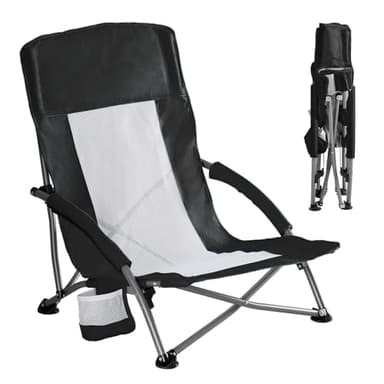 DUMOS Low Camping Beach Chair, Lightweight Folding Portable Beach Chair with Cup Holder, Storage Pocket, Breeze Mesh Back, Padded Armrests, Low Profile Chair for Camp, Picnic, Lawn, Sand, Black