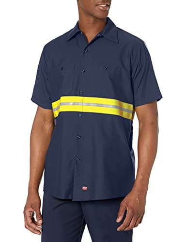 Red Kap Men's Enhanced Visibility IndustrialWork Shirt , Navy with Yellow/Green Visibility Trim, Short Sleeve Large