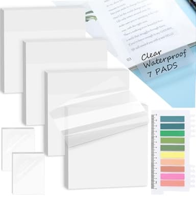 Transparent Sticky Notes with Colored Sticky Tabs, Tecolu 7 Pads【Waterproof, 99% Transparency, 5X Adhesive Strength】 Clear Sticky Notes, See-Through PET Translucent Sticky Notes Set