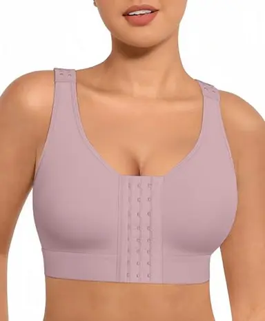 FeelinGirl Women Post Surgery Compression Bra Front Closure Surgical Breast Augmentation Post Op Bra with Adjustable Straps Purple L