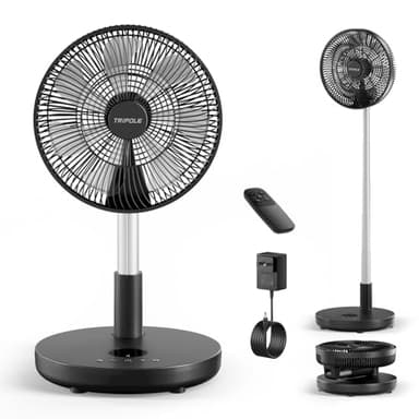 TriPole Foldable Standing Fan 12" Portable Rechargeable Battery Pedestal Fan with Remote, Timer Setting, Height Adjustable, for Home Office, 6 Speed, 12000mAh (Black)