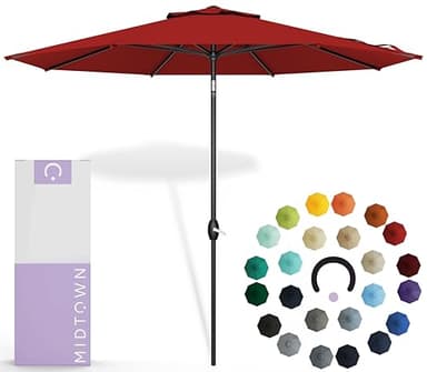 Midtown Umbrellas - The Lean 9 Ft Patio Umbrella with Fade-Resistant Sunbrella Fabric, Auto-Tilt Aluminum Frame and 8 Reinforced Ribs for Deck, Pool & Garden - Red Canopy, Black Pole