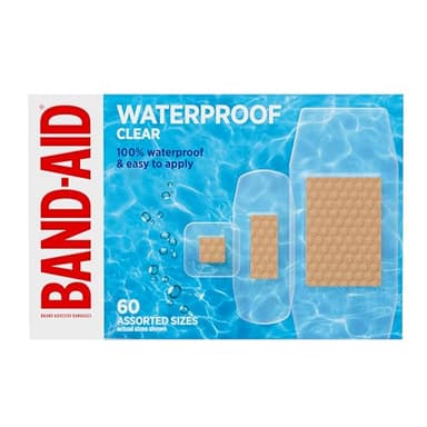 BAND-AID Brand Clear Waterproof Adhesive Bandages, Sterile 100% Waterproof Protection & Wound Care for Minor Cuts & Scrapes, Comfort Pad for Cushion, First Aid Kit Essential, Assorted Sizes, 60 Count