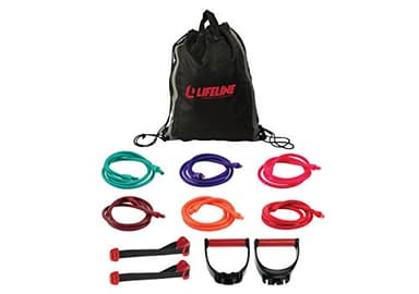 Lifeline Resistance Trainer Kit with 10lb to 100lb Adjustable Resistance Level Bands for More Workout Options Includes Triple Grip Handles, Door Anchor, 5ft Exercise Tubes and Carry Bag, pro