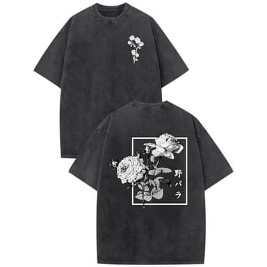 Hiehiety Japanese Graphic Tees for Men Harajuku Rose Flower Floral Shirts Cool Vintage Oversized Streetwear Acid Wash Tops (Black,M)