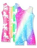 Nymphperi Gymnastics Leotards for Girls Size 7-8 Years Old 2 Pack Rainbow Unitard Sparkly Unicorn Star with Shorts