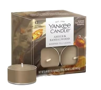 Yankee Candle Amber & Sandalwood Tea Light Candles, Premium Plant Wax Scented Tealights, 12 Count, Beige, Up to 5 Hours Burn Time, Natural Fiber Wick, 0.44 oz Each