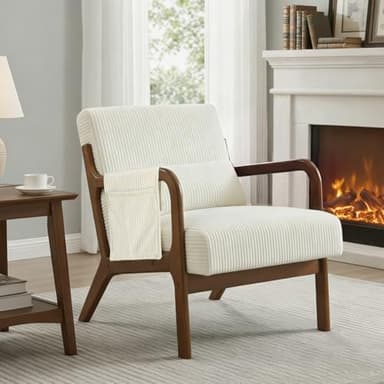 DUMOS Mid Century Modern Accent Chair, Upholstered Armchair with Lumbar Pillow and Solid Wood Frame, Comfy Reading Chair for Small Living Room, Bedroom, Guest Room, Beige