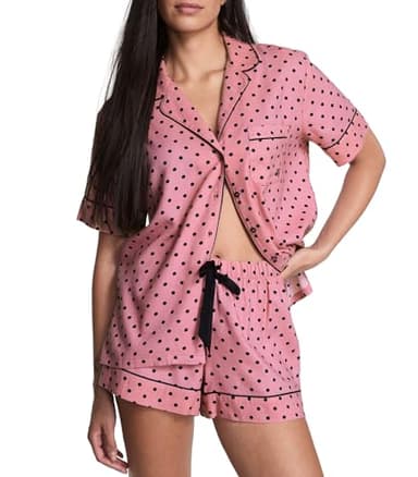 Victoria's Secret Flannel Pajama Set, Short Sleeve Shirt and Shorts, Pajamas for Women, Black Dot, L