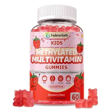 Methylated Multivitamin Kids Gummies + Omega3, Methylfolate & B12, Calcium, Probiotics, Elderberry, for Kids & Teens. Multivitamin for Growth, Immune, Bone, Brain, Focus, No Sugar - 60 Count