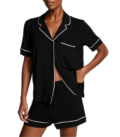 Victoria's Secret Modal Pajama Set, Short Sleeve Shirt and Shorts, Pajamas for Women, Black W Angel Pink Piping, M