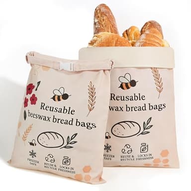2 Pack XL Reusable Beeswax Bread Bags for Sourdough Baking, Organic Waxed Lined, Cotton Bread Bags for Homemade Bread, Food-Storage Bag to Keep Fresh