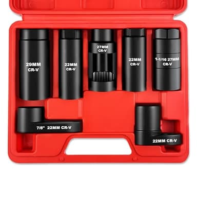 WETT Oxygen Sensor Socket Set, 7-Piece Oil Pressure Sensor Removal Tool, 3/8" 1/2" Drive, 22mm (7/8"), 27mm 29mm, 6 Point & 12 Point, Automotive O2 Sensor Wrench Removal Sockets