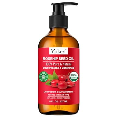 Yoken Rosehip Seed Oil Organic, USDA Certified 100% Pure Rosehip Oils for Skin & Hair, 8 fl oz Cold Pressed Rose Hip Oil for Full Body Care, Moisturizing, Gua Sha, Massage, Carrier Oil
