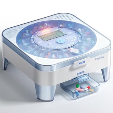 28-Day(1X) Automatic Pill Dispenser for Elderly(No App), Moisture-Resistant with Dual Desiccant Slots, One-Button Dispense with Slide Door Cup Drop, Sound/Light Reminder, Large Compartments