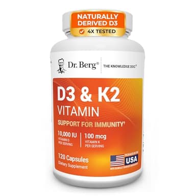 Dr. Berg Maximum Strength 7-in-1 Vitamin D3 K2 10,000 IU | Naturally Derived D3 | 4X Lab-Tested & Verified | High Absorption Formula | K2 D3 Vitamin Supplement | 120 Capsules