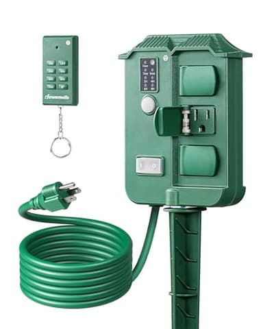 DEWENWILS Outdoor Power Stake Timer Waterproof, 6 Grounded Outlets, 6FT Extension Cord, 100FT Wireless Remote Control, Photocell Dusk to Dawn Timer for Lights, Yard, Garden, UL Listed