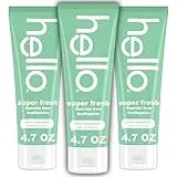 hello Super Fresh Fluoride Free Toothpaste, Toothpaste for Bad Breath, Helps Remove Surface Stains, Natural Spearmint, 3 Pack, 4.7 Oz Tubes