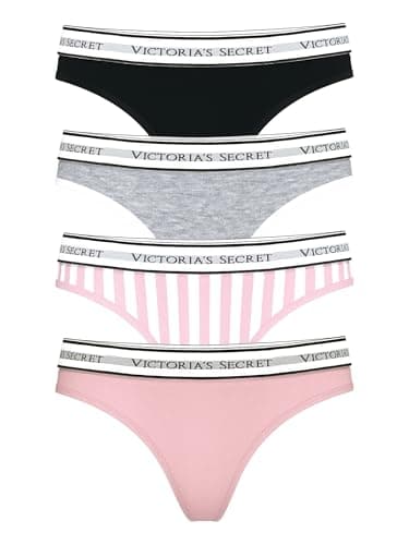 Victoria's Secret Women's Cotton Logo Thong Underwear, Panties for Women, Pack of 4, Solids & Iconic Stripe, S