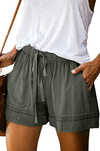 KISSMODA Women's Casual Shorts Solid Color Elastic Waist Drawstring Pockets Linen Short Lounge Pants