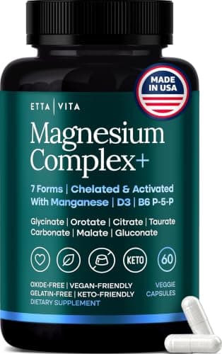 Magnesium Complex for Women & Men 500mg (7-in-1) Magnesium Glycinate with Vegan D3, B6, and Manganese (Made In USA) + Gluconate, Citrate, Malate, Taurate, Orotate, Carbonate (Oxide-Free) Small Capsule