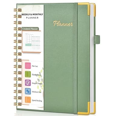 Undated Weekly Planner, Hardcover Leather Weekly & Monthly Calendar Blank Planner, To Do List Notebook with Goal & Habit Tracker Organizer, A5 Daily Planner with Spiral Binding, Ideal for Work School Home, Green