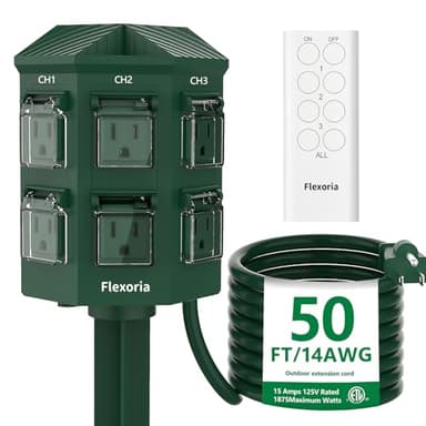 Flexoria Outdoor Power Stake, 50 Feet Extension Cord Waterproof, Independently Remote Control 3 Sets of Outlets, 6 Grounded Outlets for Garden, Patio, Outdoor Decor, ETL Listed