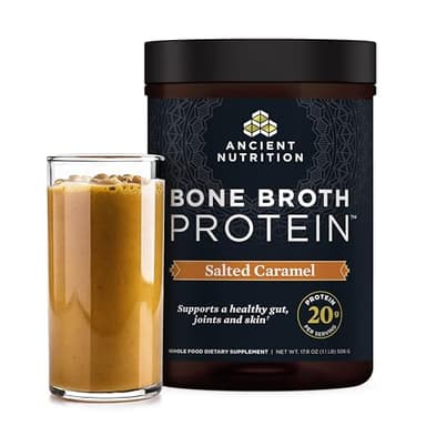 Ancient Nutrition Bone Broth Protein Powder, Salted Caramel, 19g Protein per Serving, Beef, Supports Healthy Skin, Gut Health, Joint Supplement, Gluten Free, Paleo and Keto Friendly, 20 Servings