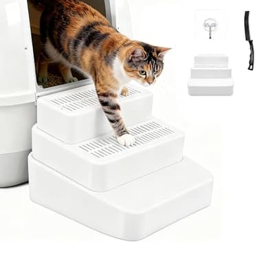 SummitGO 3-Steps Cat Litter Box Ramp with Cleaning Brush Set for Automatic Litter Boxes, Detachable & Non-Slip Cat Steps with Litter Catching Function, Essential to Small & Elderly & Disabled Cats