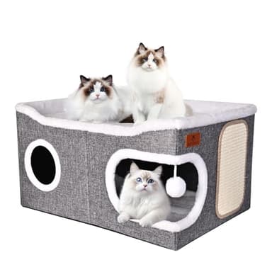 Extra Large Cat Beds for Indoor Cats, Covered Cat Cave Beds & Furniture with Scratch Pad and Fluffy Ball, Foldable Cat Condo Hideaway with Reversible Cushion for Multi Small Pet Large Kittens, Grey