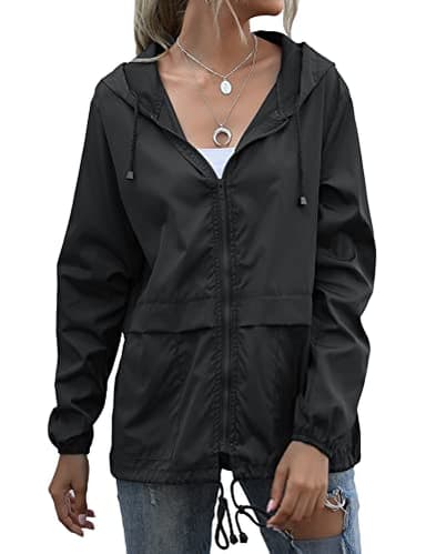 Muzeca Women's Waterproof Rain Jackets Lightweight Packable Raincoats Outdoor Hooded Windbreaker with Pockets Black Large