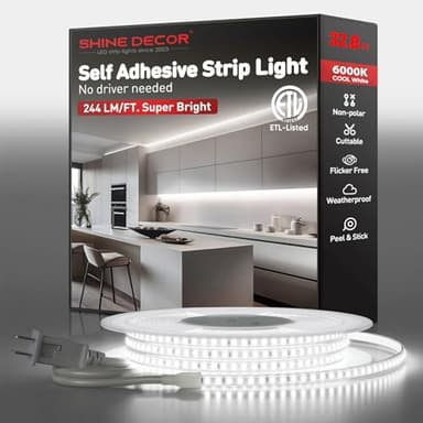 Shine Decor LED Strip Light Super Bright 8000LM, Plug&Play 120V Driverless Easy Wiring, Flicker Free Weatherproof for Outdoor Indoor, Min. 3.9” Cuttable Stickable, 6000K Cool White 32FT ETL Listed