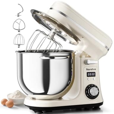 Neretva Stand Mixer, 6.34QT & 6 Speed Professional Mixers Kitchen Electric Stand Mixer Super Stable & Lower Noise Household Stand Mixer with Stainless Steel Bowl, Whisk, Flat Beater, Dough Hook -Beige